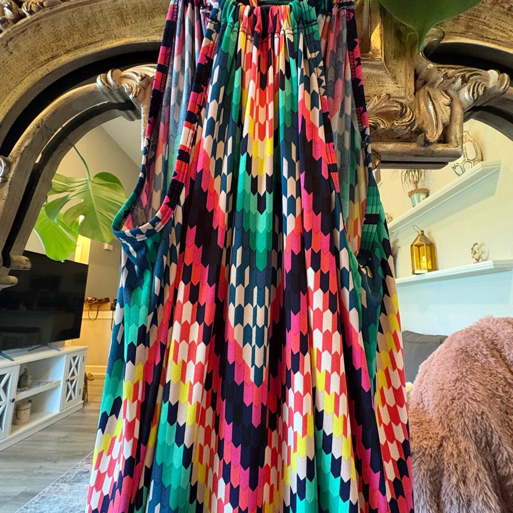 Trina Turk Pink, Coral, Teal & Navy Geometric Print Dress